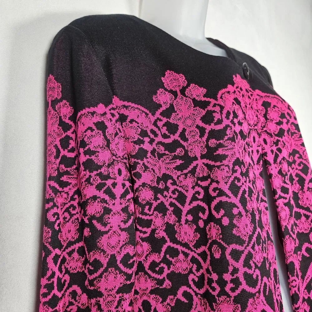 Misook Cardigan‎ Womens M Acrylic Knit Sweater Floral Lace Black Fushsia Office